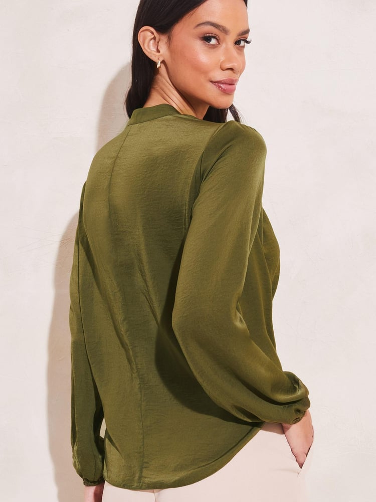 Lipsy Green Geometric Grandad Collar Long Sleeve Wrap Blouse - Image 2 of 4 Lipsy Green Geometric Grandad Collar Long Sleeve Wrap Blouse - Image 2 of 4