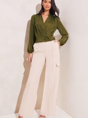 Lipsy Green Geometric Grandad Collar Long Sleeve Wrap Blouse - Image 3 of 4