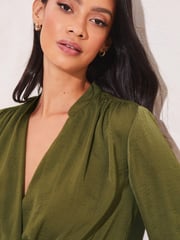 Lipsy Green Geometric Grandad Collar Long Sleeve Wrap Blouse - Image 4 of 4