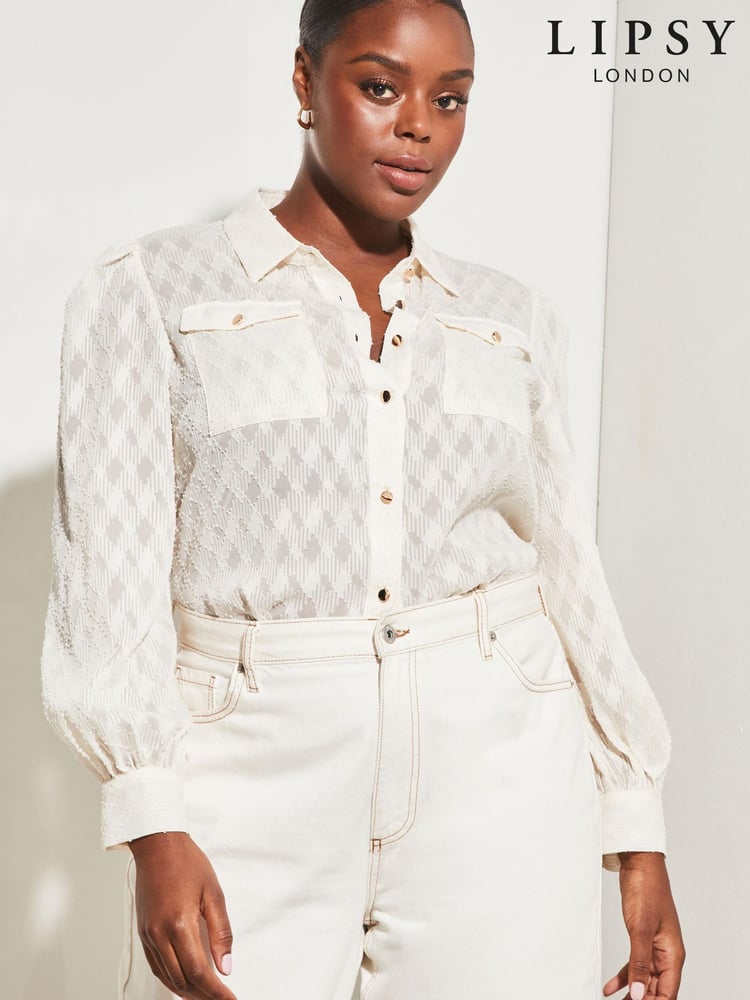 Lipsy Cream Burnout Curve Front Pocket Button Through Shirt - Image 1 of 4
