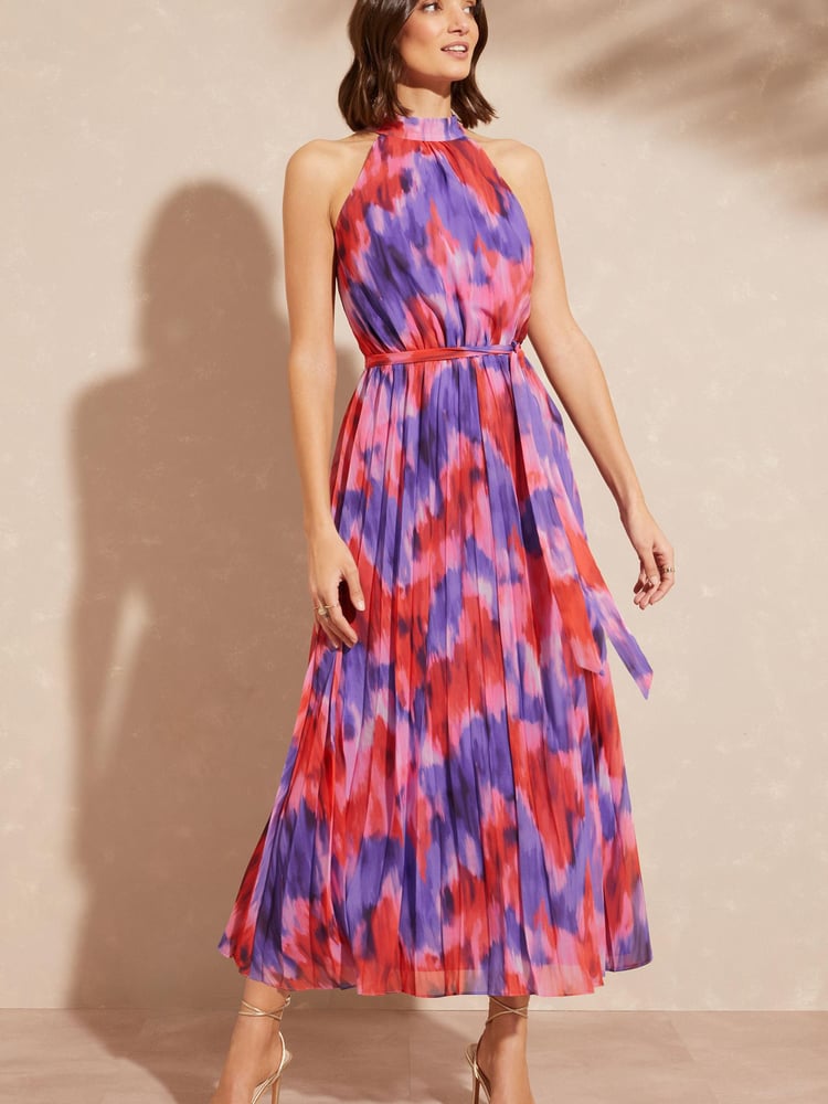 Love & Roses Pink Floral Printed Halter Pleated Belted Midi Dress - Image 1 of 4 Love & Roses Pink Floral Printed Halter Pleated Belted Midi Dress - Image 1 of 4