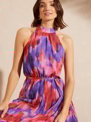 Love & Roses Pink Floral Printed Halter Pleated Belted Midi Dress - Image 2 of 4