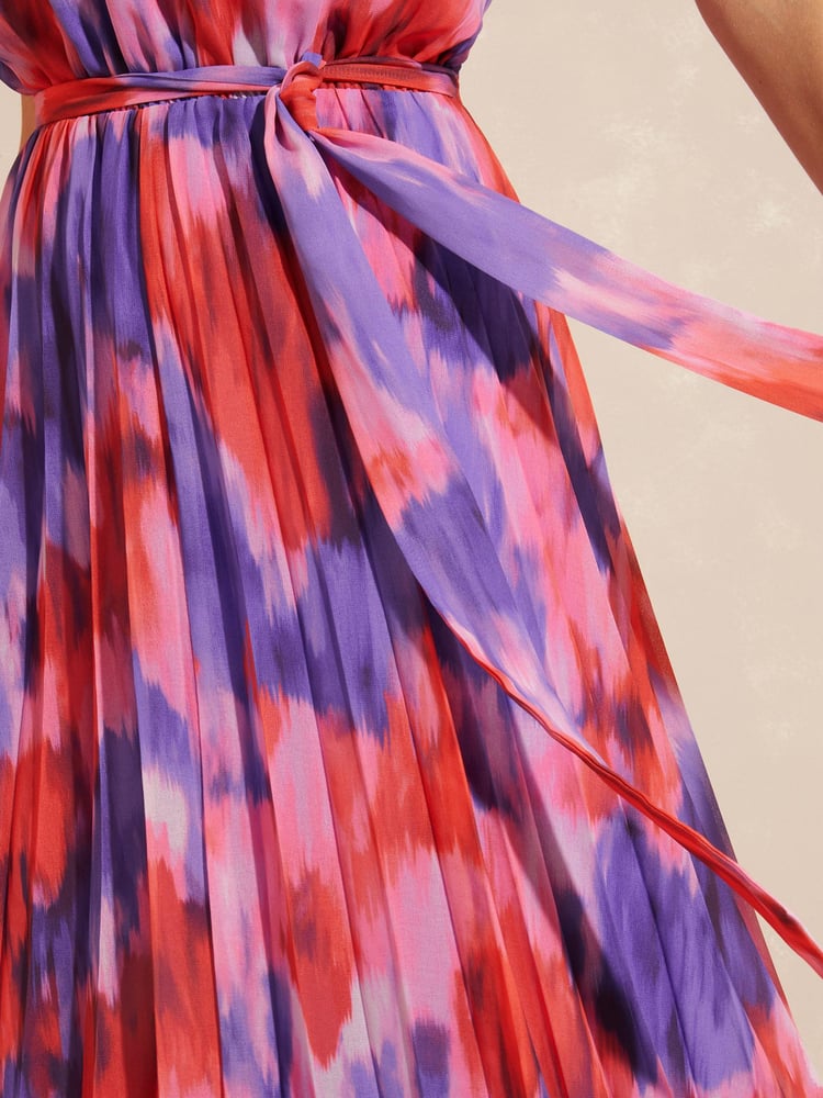 Love & Roses Pink Floral Printed Halter Pleated Belted Midi Dress - Image 4 of 4