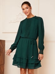 Love & Roses Green Printed Belted Long Sleeve Skater Dress - Image 1 of 4