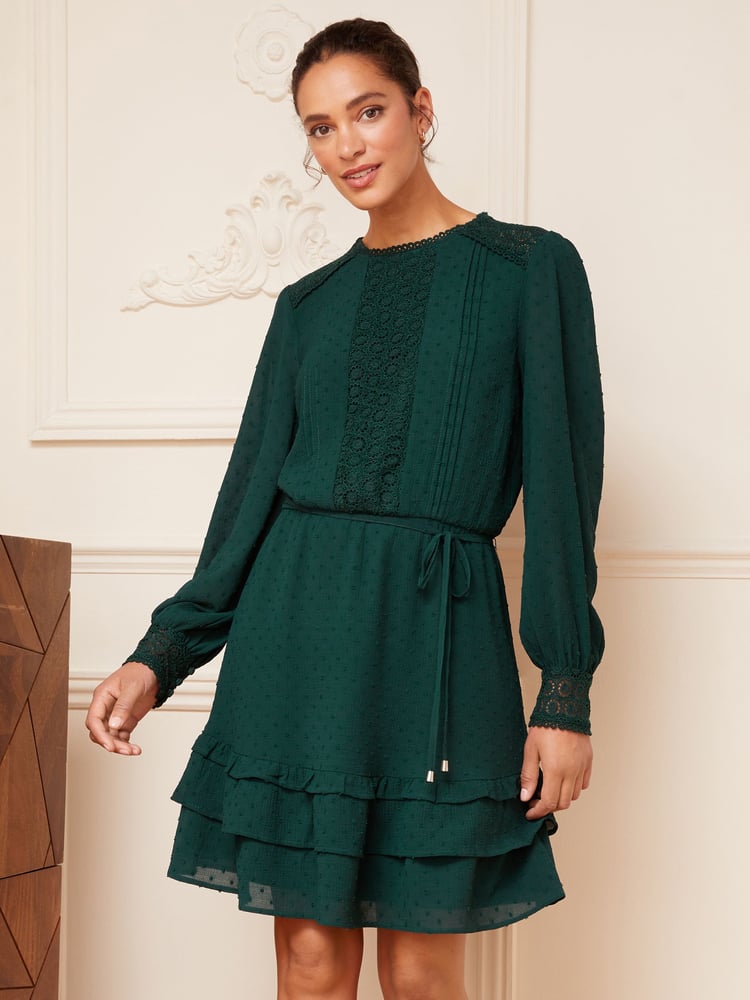 Love & Roses Green Printed Belted Long Sleeve Skater Dress - Image 1 of 4