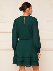 Love & Roses Green Printed Belted Long Sleeve Skater Dress - Image 3 of 4