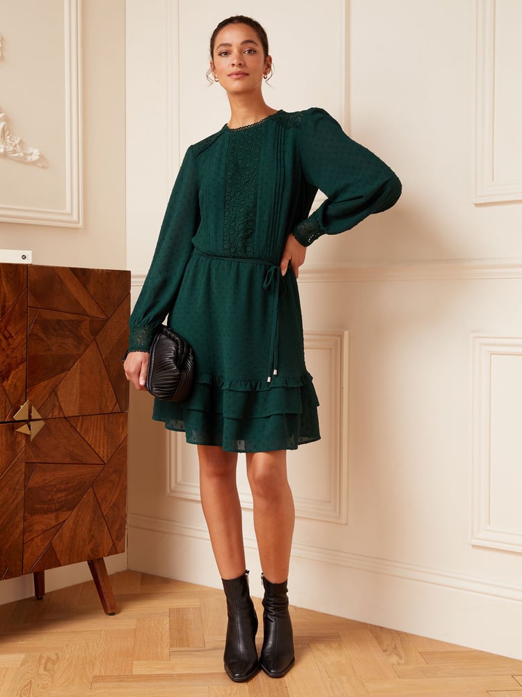 Love & Roses Green Printed Belted Long Sleeve Skater Dress - Image 4 of 4