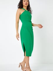Dusk Green Ruched Halter Neck Midi Stretch Dress - Image 1 of 5