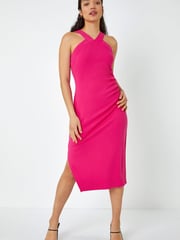 Dusk Pink Ruched Halter Neck Midi Stretch Dress - Image 2 of 5