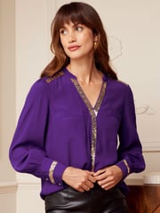 Love & Roses Purple and Gold Sequin V Neck Long Sleeve Blouse - Image 1 of 4