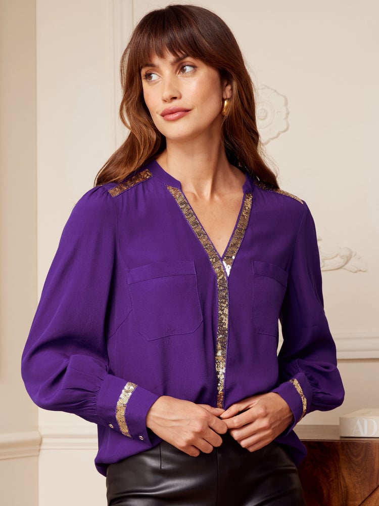 Love & Roses Purple and Gold Sequin V Neck Long Sleeve Blouse - Image 1 of 4 Love & Roses Purple and Gold Sequin V Neck Long Sleeve Blouse - Image 1 of 4