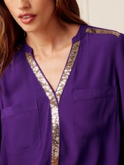 Love & Roses Purple and Gold Sequin V Neck Long Sleeve Blouse - Image 2 of 4