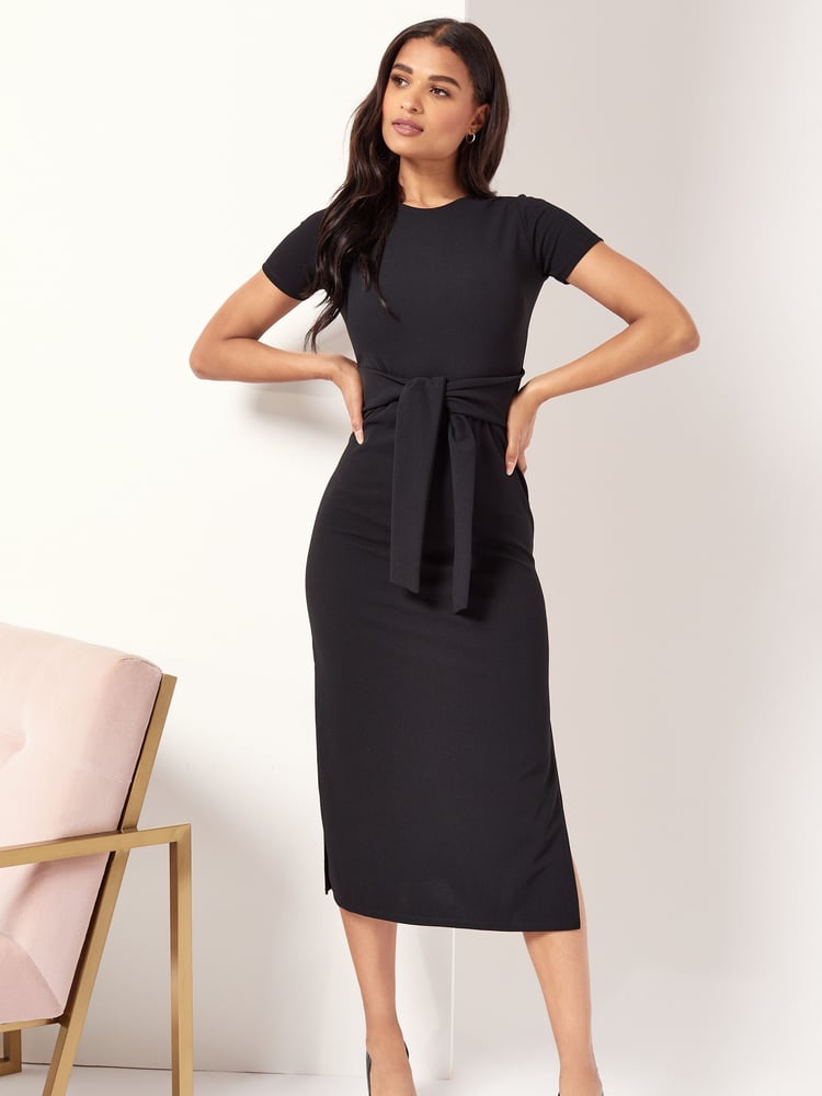 Lipsy Black Petite Short Sleeve Belted Bodycon Midi Dress - Image 1 of 4 Lipsy Black Petite Short Sleeve Belted Bodycon Midi Dress - Image 1 of 4