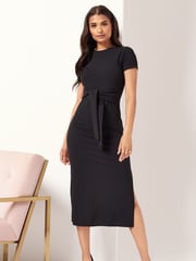 Lipsy Black Petite Short Sleeve Belted Bodycon Midi Dress - Image 3 of 4