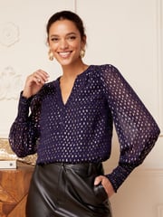Love & Roses Navy Blue Sheer V Neck Long Sleeve Over The Head Blouse - Image 1 of 4