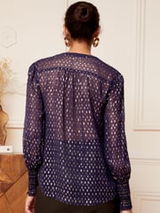 Love & Roses Navy Blue Sheer V Neck Long Sleeve Over The Head Blouse - Image 3 of 4