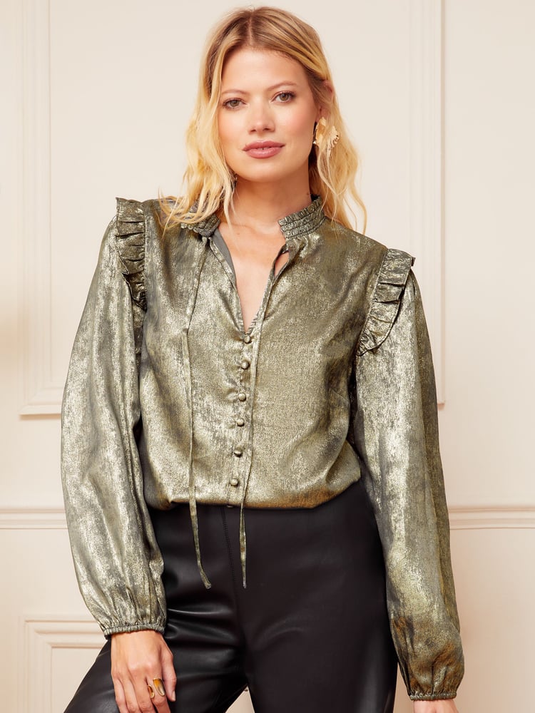 Love & Roses Gold Ruffle Sheer Tie Neck Long Sleeve Blouse - Image 1 of 4 Love & Roses Gold Ruffle Sheer Tie Neck Long Sleeve Blouse - Image 1 of 4