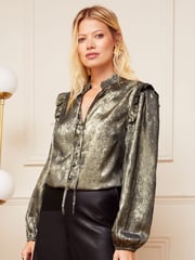 Love & Roses Gold Ruffle Sheer Tie Neck Long Sleeve Blouse - Image 4 of 4