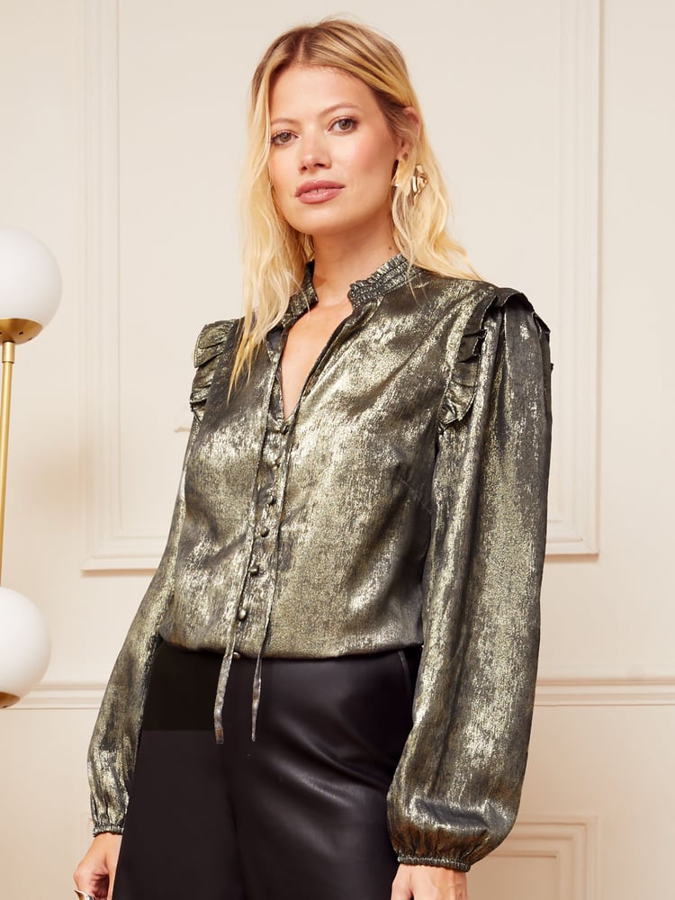 Love & Roses Gold Ruffle Sheer Tie Neck Long Sleeve Blouse - Image 4 of 4 Love & Roses Gold Ruffle Sheer Tie Neck Long Sleeve Blouse - Image 4 of 4