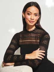 Lipsy Black Lace Fit and Flare Long Sleeve Knitted Dress - Image 4 of 4