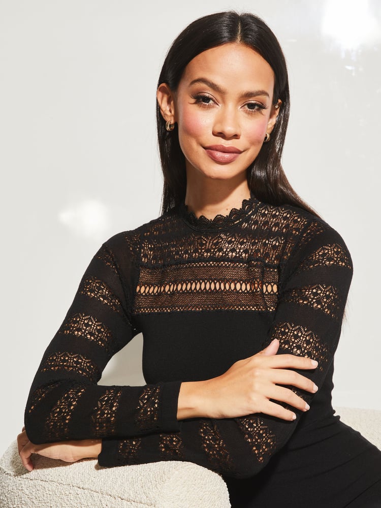 Lipsy Black Lace Fit and Flare Long Sleeve Knitted Dress - Image 4 of 4