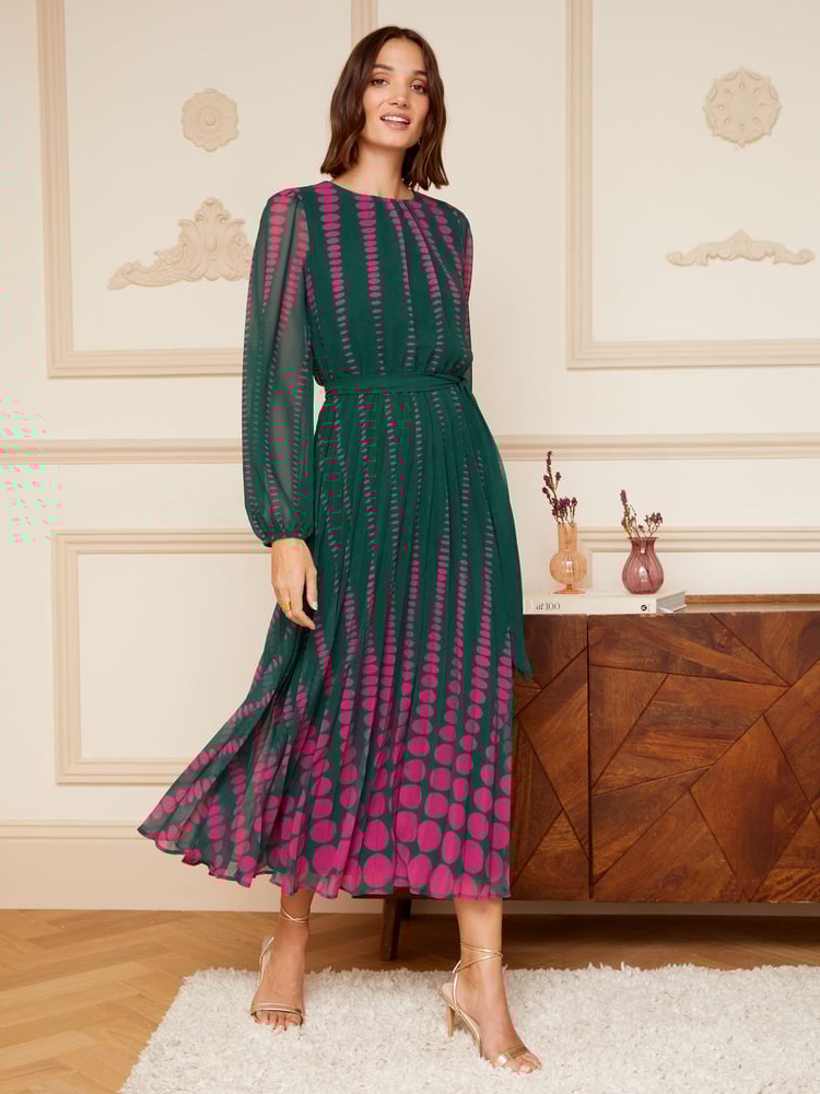 Love & Roses Green and Pink Polka Dot Printed Belted Pleated Long Sleeve Midi Dress - Image 1 of 1 Love & Roses Green and Pink Polka Dot Printed Belted Pleated Long Sleeve Midi Dress - Image 1 of 1