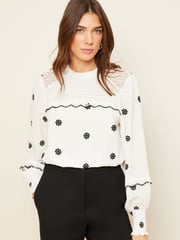 Love & Roses Ivory White Embroidery Petite High Neck Lace Trim Long Sleeve Blouse - Image 1 of 4