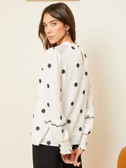 Love & Roses Ivory White Embroidery Petite High Neck Lace Trim Long Sleeve Blouse - Image 3 of 4