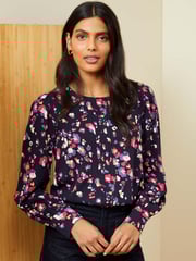 Love & Roses Navy Blue Animal Long Sleeve Blouse With Central Pintuck Details - Image 1 of 4