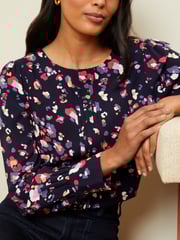 Love & Roses Navy Blue Animal Long Sleeve Blouse With Central Pintuck Details - Image 2 of 4