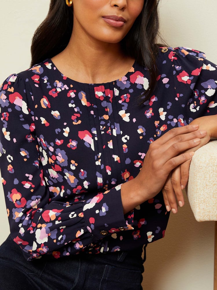 Love & Roses Navy Blue Animal Long Sleeve Blouse With Central Pintuck Details - Image 2 of 4