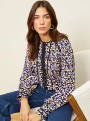 Love & Roses Navy Blue Ditsy Petite Printed Crew Neck Lace Trim Long Sleeve Blouse - Image 1 of 4