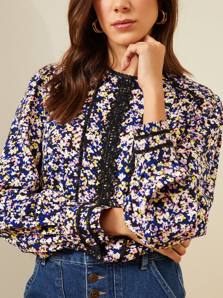 Love & Roses Navy Blue Ditsy Petite Printed Crew Neck Lace Trim Long Sleeve Blouse - Image 2 of 4 Love & Roses Navy Blue Ditsy Petite Printed Crew Neck Lace Trim Long Sleeve Blouse - Image 2 of 4
