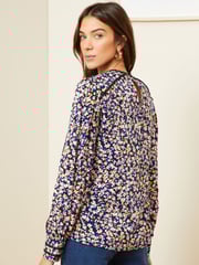 Love & Roses Navy Blue Ditsy Petite Printed Crew Neck Lace Trim Long Sleeve Blouse - Image 3 of 4