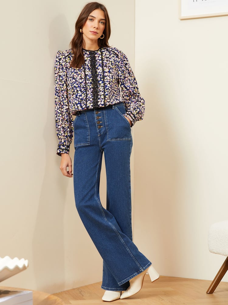 Love & Roses Navy Blue Ditsy Petite Printed Crew Neck Lace Trim Long Sleeve Blouse - Image 4 of 4