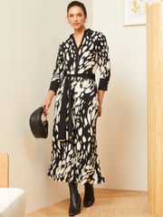 Love & Roses Black Animal Petite Jersey Pleated Belted Midi Summer Shirt Dress - Image 1 of 4
