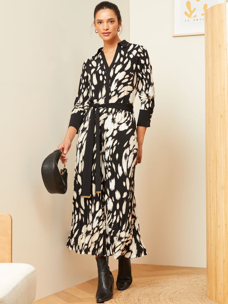Love & Roses Black Animal Petite Jersey Pleated Belted Midi Summer Shirt Dress - Image 1 of 4 Love & Roses Black Animal Petite Jersey Pleated Belted Midi Summer Shirt Dress - Image 1 of 4