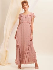 Love & Roses Pink Metallic Ruffle Detail Tie Back Maxi Dress - Image 1 of 4
