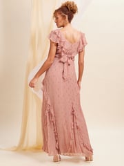 Love & Roses Pink Metallic Ruffle Detail Tie Back Maxi Dress - Image 3 of 4