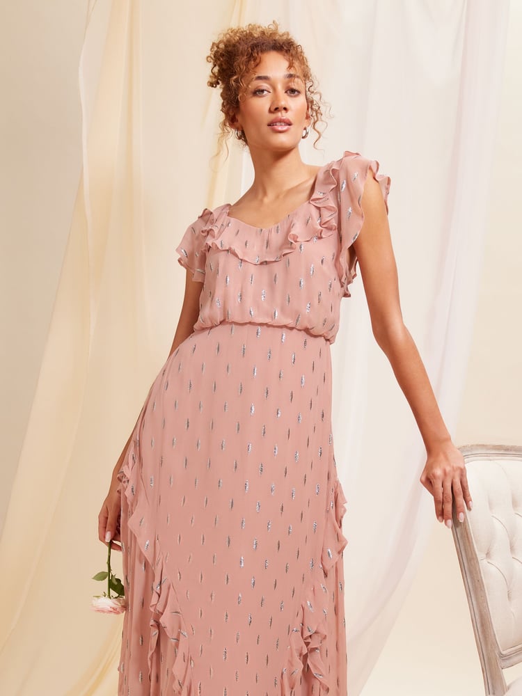 Love & Roses Pink Metallic Ruffle Detail Tie Back Maxi Dress - Image 4 of 4