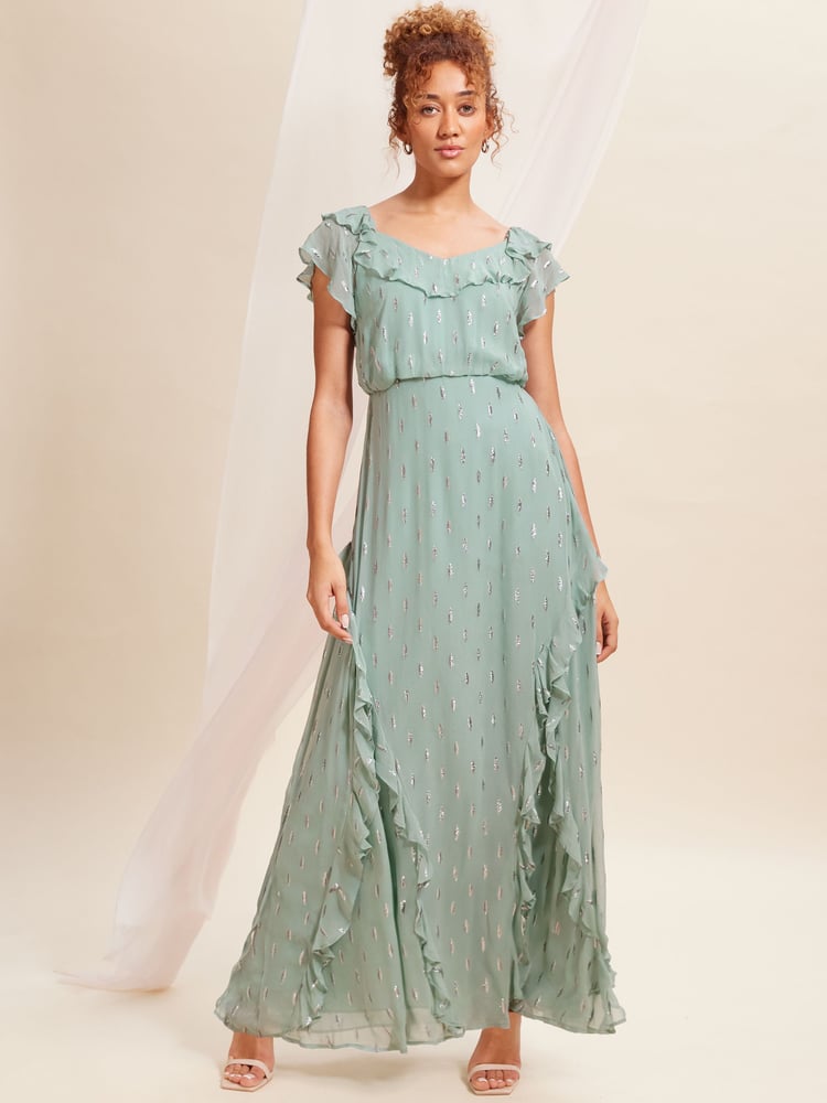 Love & Roses Green Metallic Ruffle Detail Tie Back Maxi Dress - Image 1 of 4
