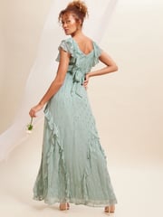 Love & Roses Green Metallic Ruffle Detail Tie Back Maxi Dress - Image 2 of 4