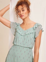 Love & Roses Green Metallic Ruffle Detail Tie Back Maxi Dress - Image 3 of 4