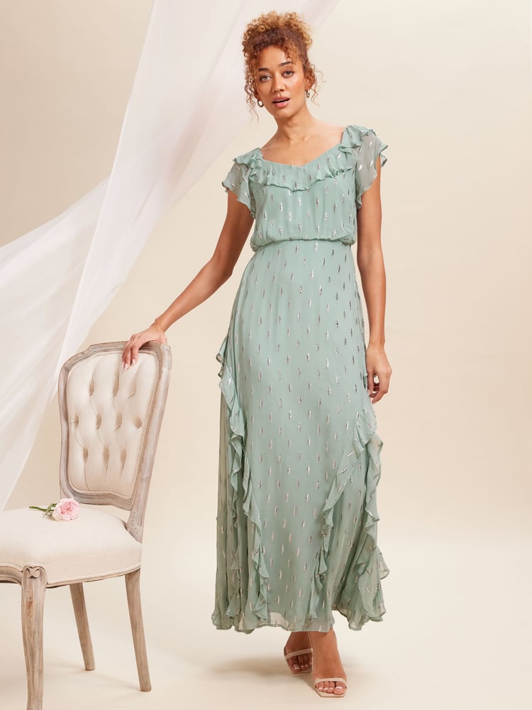 Love & Roses Green Metallic Ruffle Detail Tie Back Maxi Dress - Image 4 of 4