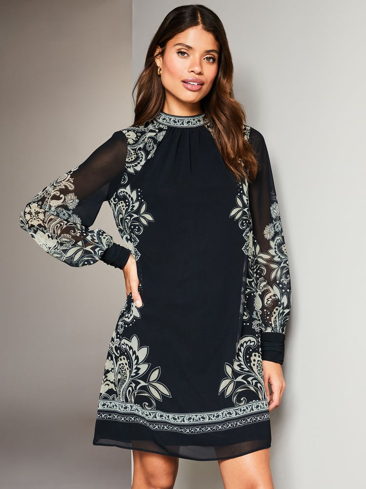 Lipsy Black/White Placement Printed Long Sleeve Shift Mini Dress - Image 1 of 4