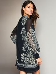 Lipsy Black/White Placement Printed Long Sleeve Shift Mini Dress - Image 2 of 4