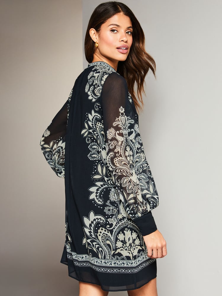 Lipsy Black/White Placement Printed Long Sleeve Shift Mini Dress - Image 2 of 4 Lipsy Black/White Placement Printed Long Sleeve Shift Mini Dress - Image 2 of 4
