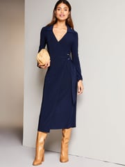 Lipsy Blue Jersey Wrap V Neck Ruched Hardware Midi Shirt Dress - Image 1 of 4