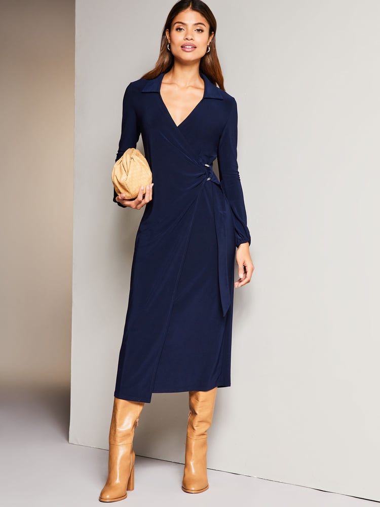 Lipsy Blue Jersey Wrap V Neck Ruched Hardware Midi Shirt Dress - Image 1 of 4 Lipsy Blue Jersey Wrap V Neck Ruched Hardware Midi Shirt Dress - Image 1 of 4