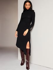 Lipsy Black High Neck Ruched Detail Midi Jumper Dress - Image 1 of 4